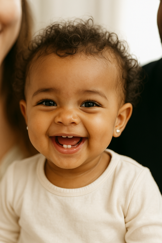 Baby wearing chubby stud giggling