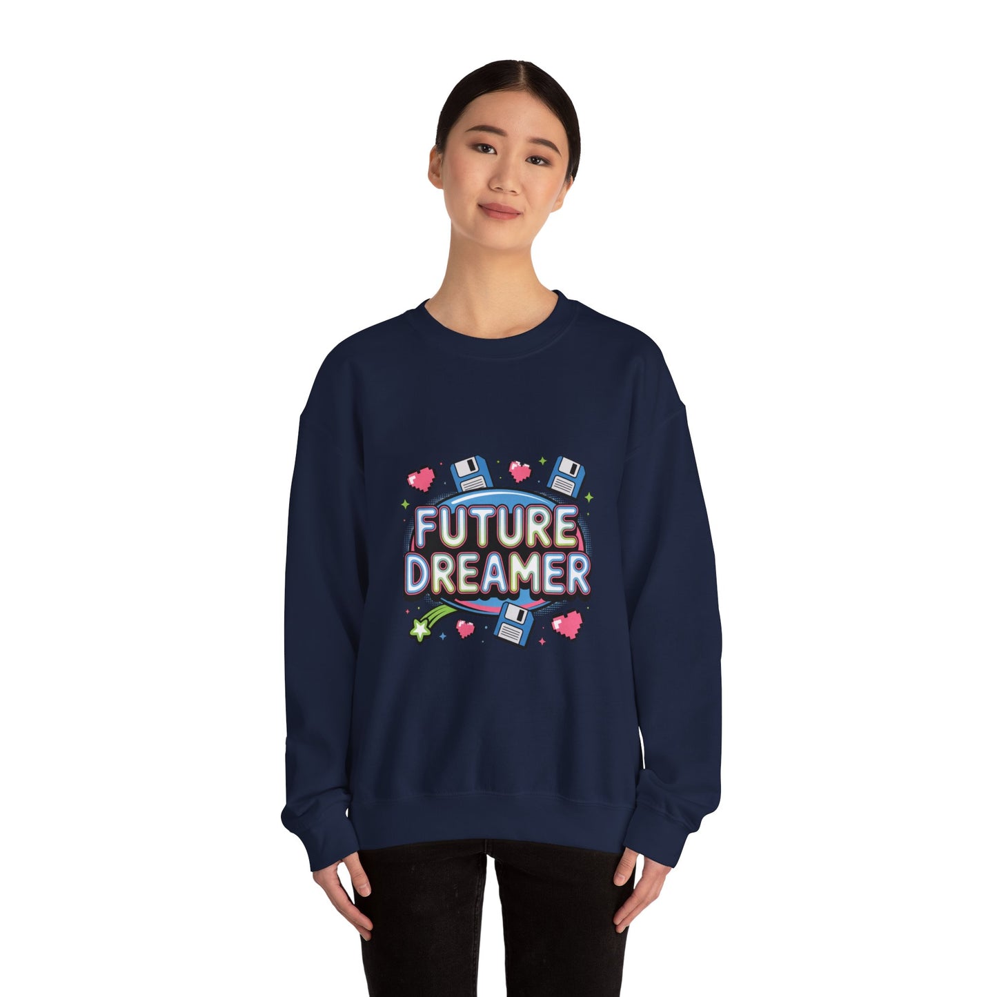 Future Dreamer Crewneck Sweatshirt | Y2K cyber holo aesthetic, retro tech print Printify