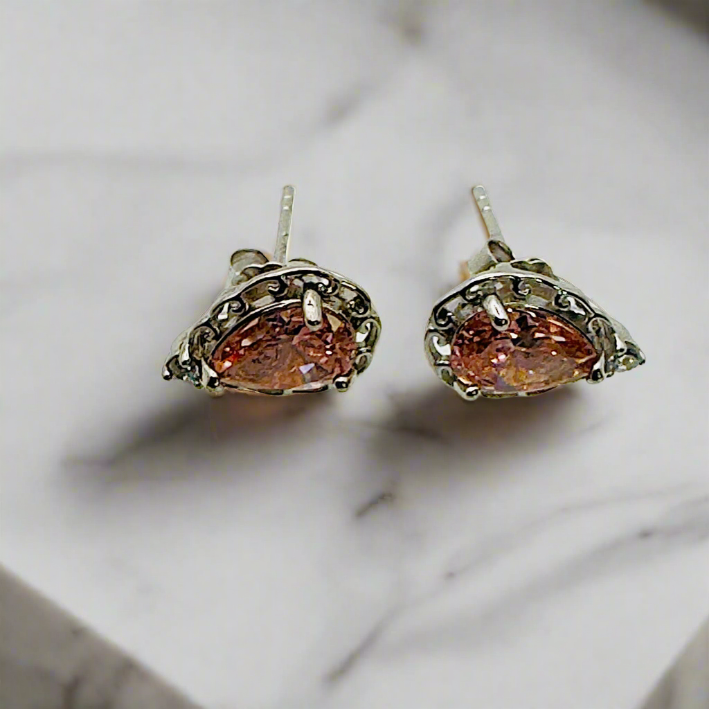 Rhodium Plated 925 Sterling Silver Pink CZ Stud Earrings - Hypoallergenic Luxury Jewelry Amtikiss Casuals