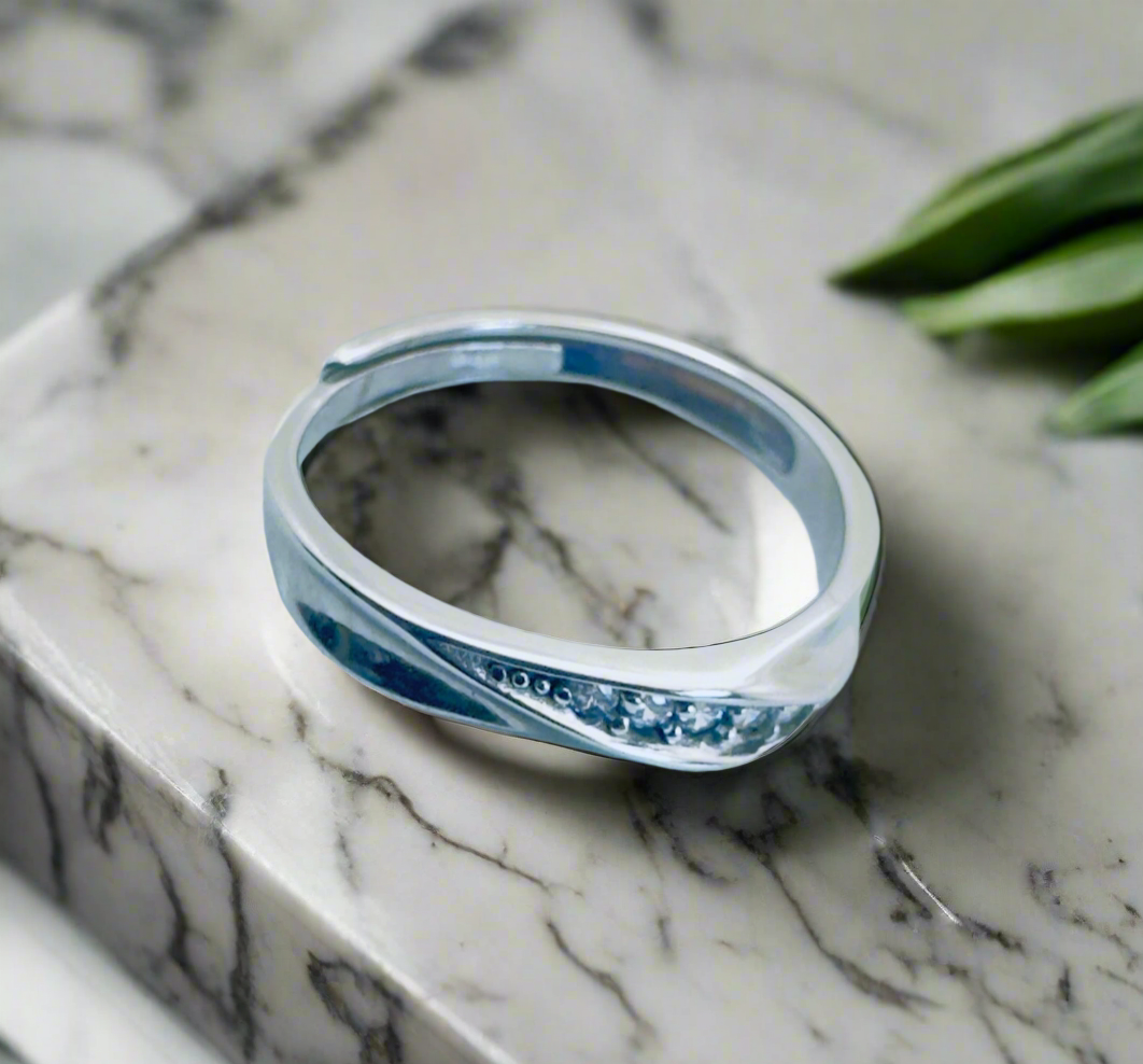 Adjustable 999 Sterling Silver Twisted Ring with Clear Zircon - Hypoallergenic Luxury Jewelry