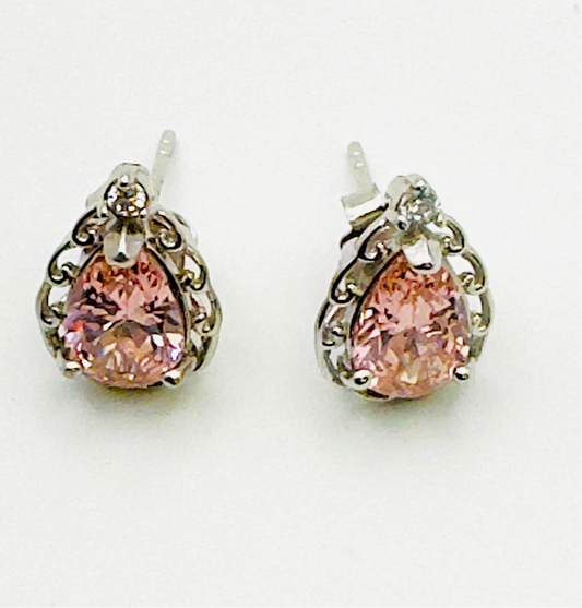 Rhodium Plated 925 Sterling Silver Pink CZ Stud Earrings - Hypoallergenic Luxury Jewelry Amtikiss Casuals