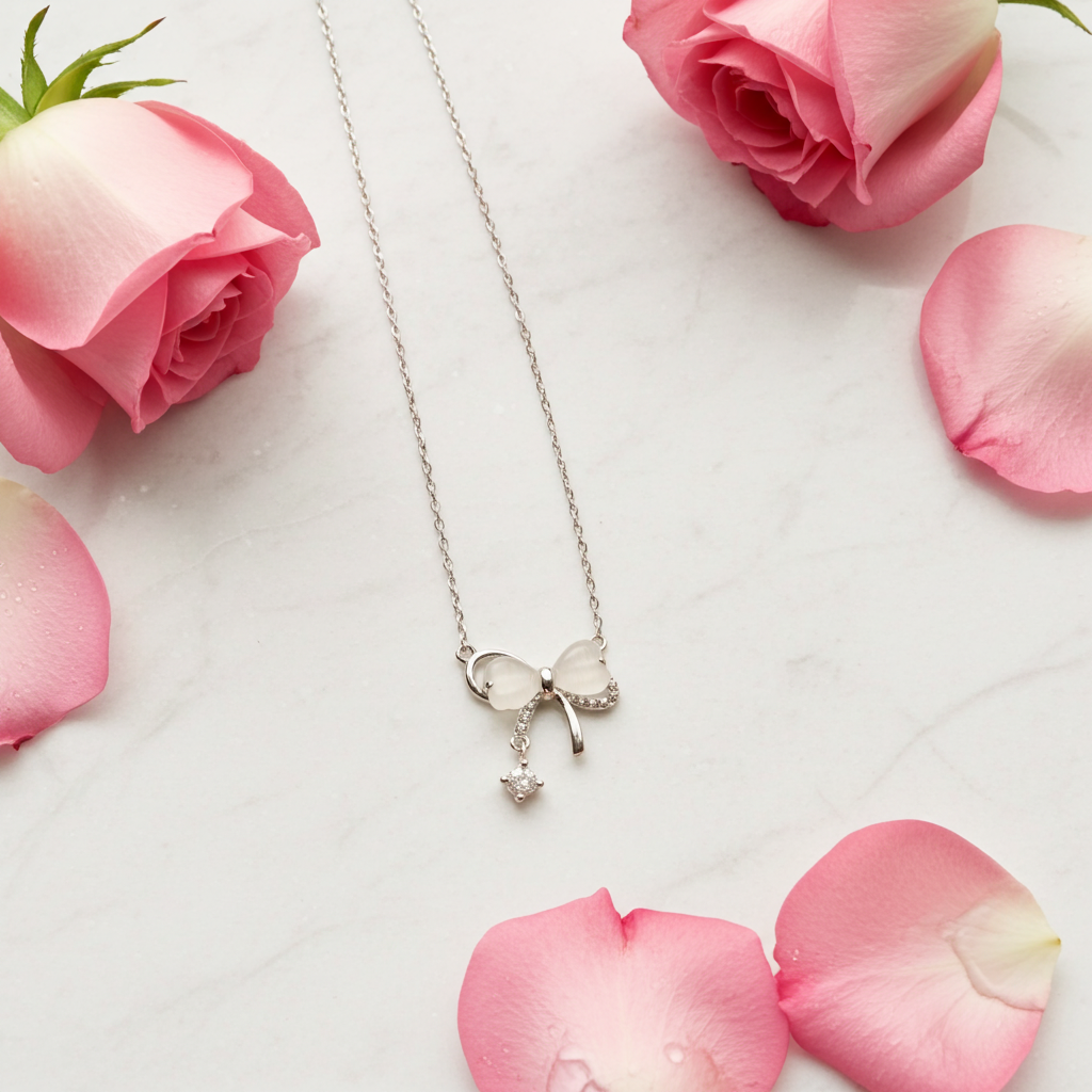 Elegant 925 Sterling Silver Bow Necklace with Crystal Drop - Delicate Chain Jewelry