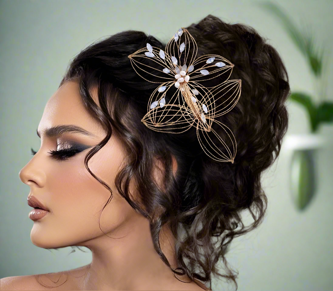 Elegant crystal pearl hair accessory detail