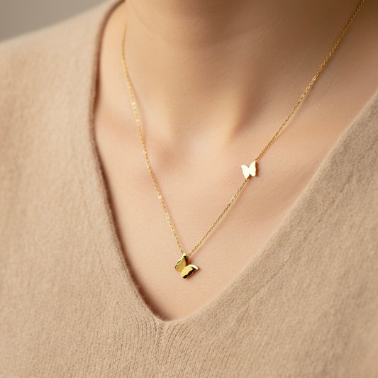 Gold Plated Butterfly Pendant Necklace – Stainless Steel Layered Jewelry
