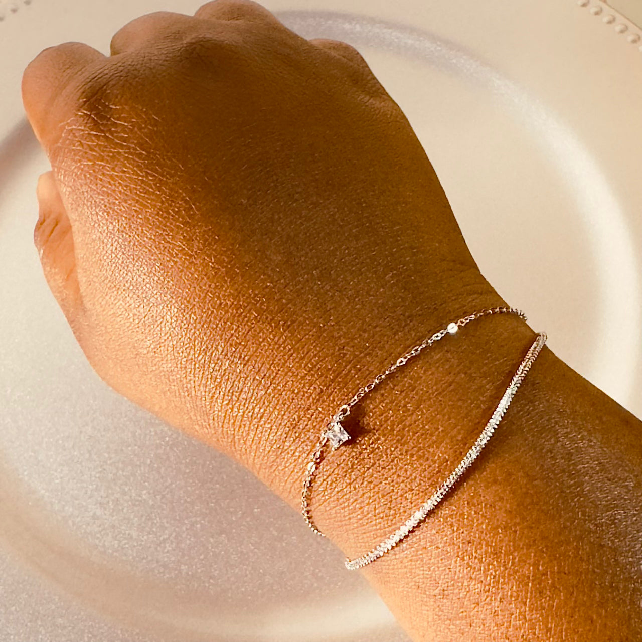 Dainty Dual-Layer 925 Sterling Silver Bracelet – Hypoallergenic Everyday Elegance with Pavé & CZ Charm