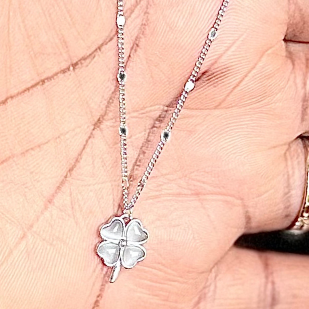 925 Sterling Silver Four-Leaf Clover Necklace – Hypoallergenic Lucky Charm with Mother-of-Pearl Inlay for Sensitive Skin