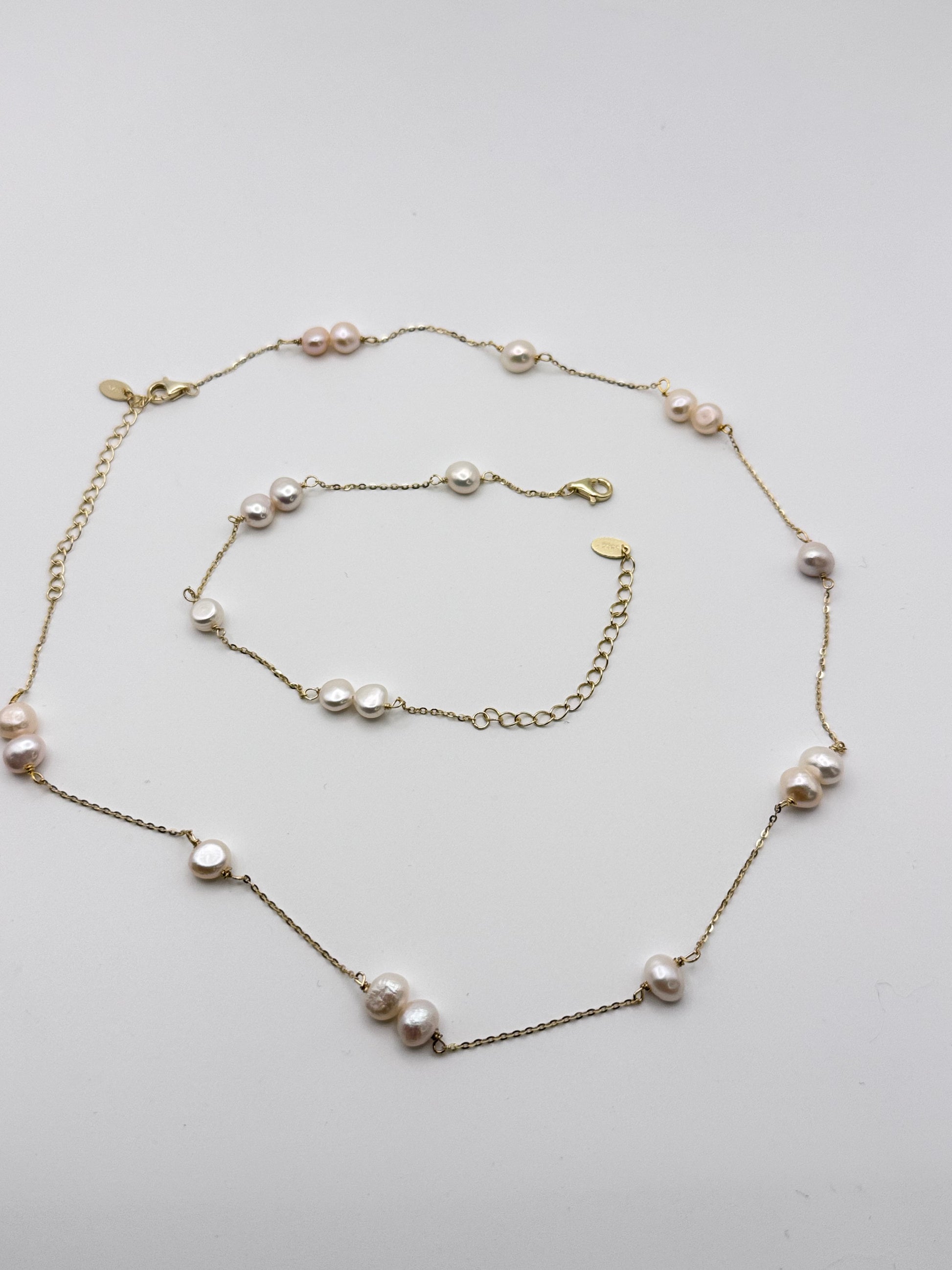 Luxe Pearl Station Necklace & Bracelet Set - 925 Sterling Silver 14K Gold Plated Amtikiss Casuals