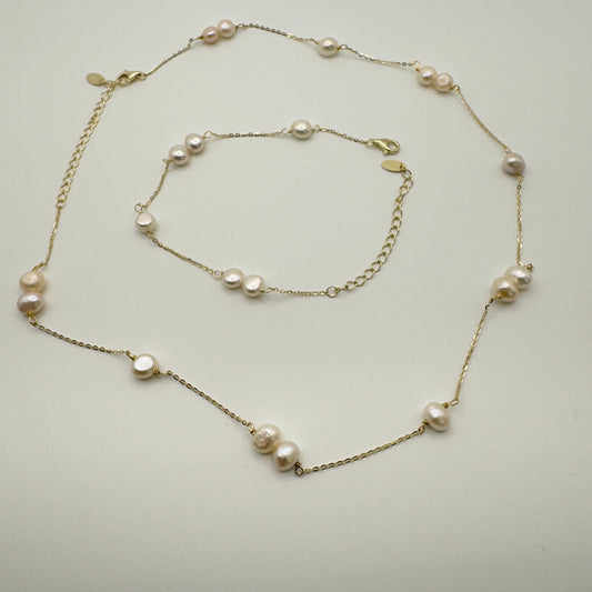 Luxe Pearl Station Necklace & Bracelet Set - 925 Sterling Silver 14K Gold Plated Amtikiss Casuals