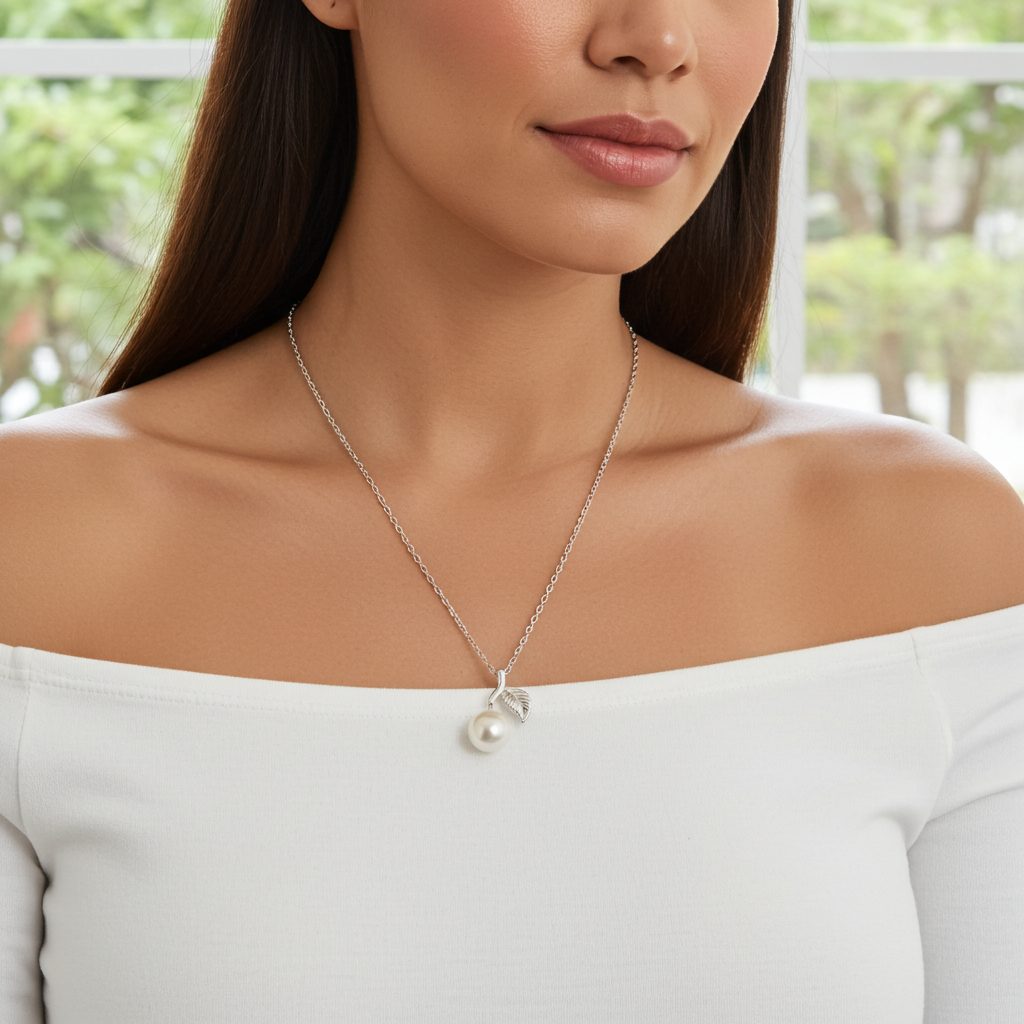 Elegant Pearl Leaf Necklace - Sterling Silver Chain with Pearl Pendant