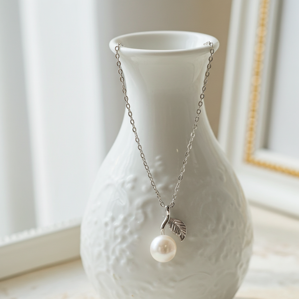 Elegant Pearl Leaf Necklace - Sterling Silver Chain with Pearl Pendant