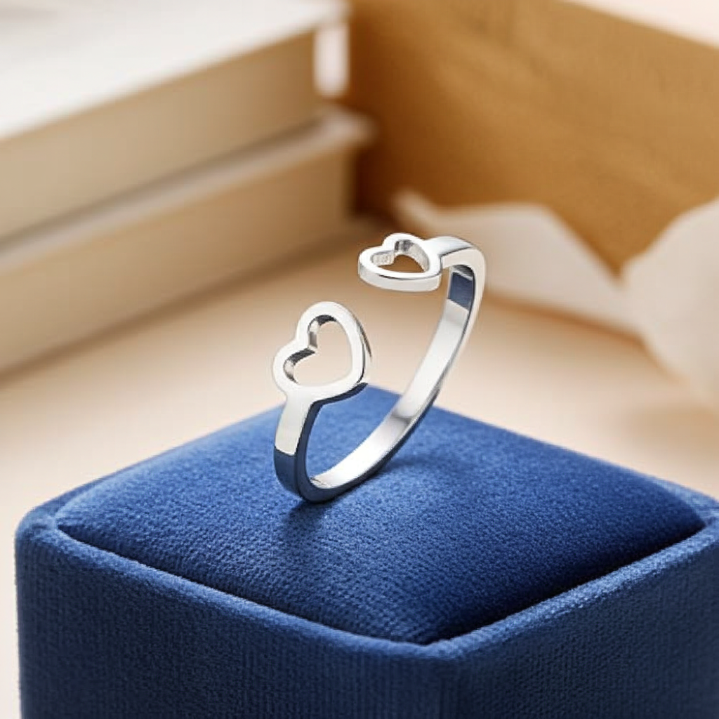 Stainless Steel Open Ring – Adjustable Two Hearts Ring for Women