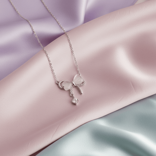 Elegant 925 Sterling Silver Bow Necklace with Crystal Drop - Delicate Chain Jewelry - Amtikiss Casuals