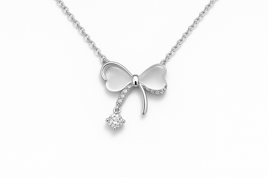 Elegant 925 Sterling Silver Bow Necklace with Crystal Drop - Delicate Chain Jewelry - Amtikiss Casuals