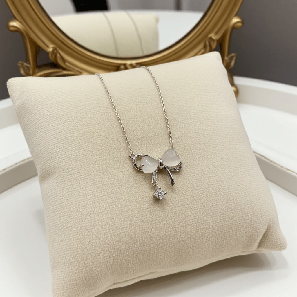 Elegant 925 Sterling Silver Bow Necklace with Crystal Drop - Delicate Chain Jewelry - Amtikiss Casuals