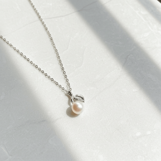 Elegant Pearl Leaf Necklace - Sterling Silver Chain with Pearl Pendant - Amtikiss Casuals