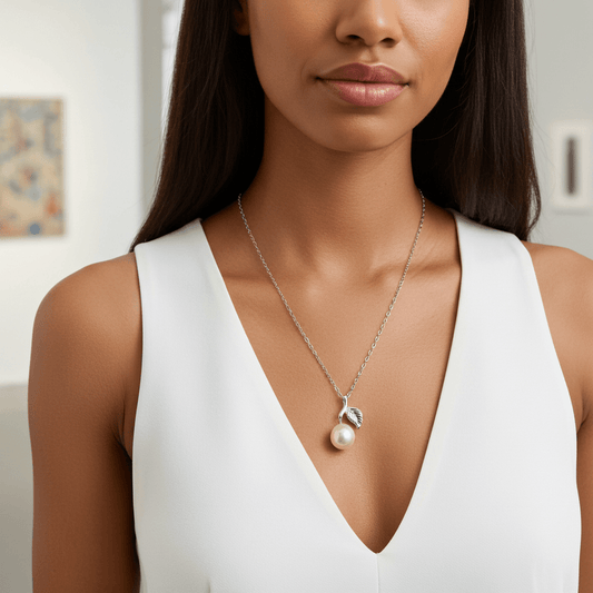 Elegant Pearl Leaf Necklace - Sterling Silver Chain with Pearl Pendant - Amtikiss Casuals