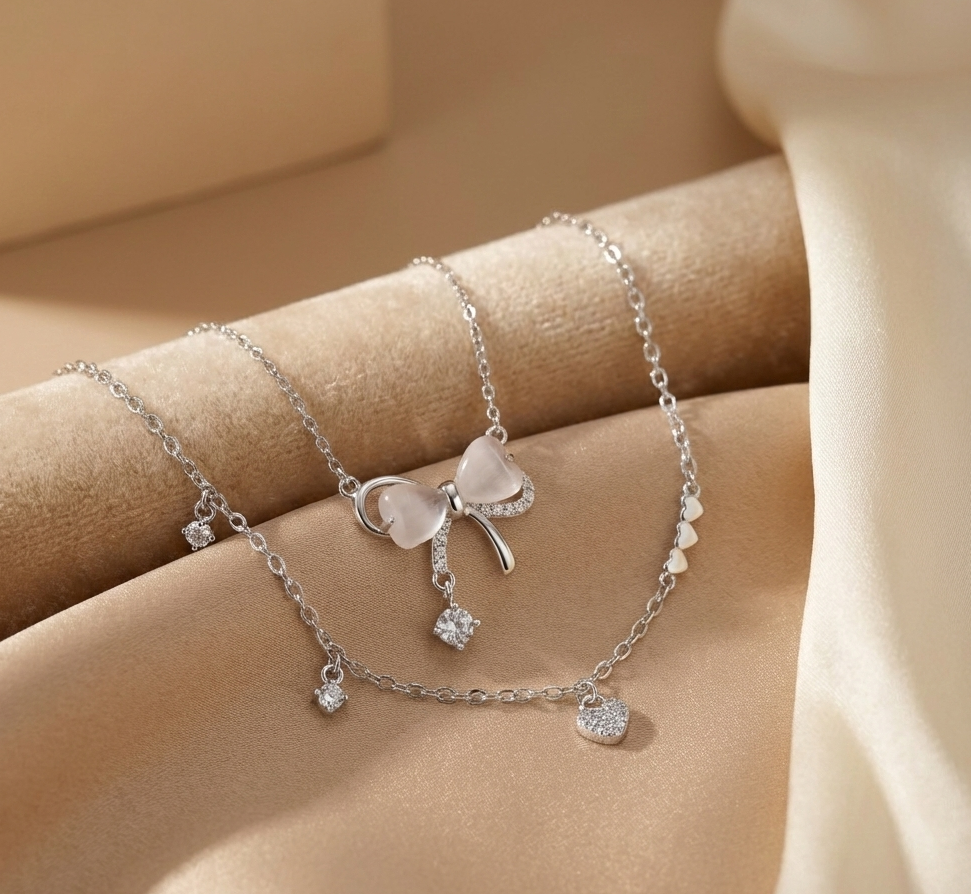 Heart & Bow Everyday Essential Bundle - 925 Sterling Silver Necklace & Bracelet Set | Hypoallergenic Jewelry
