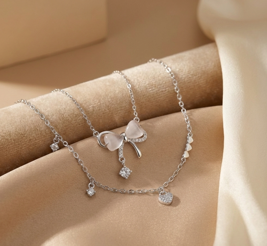 Heart & Bow Everyday Essential Bundle - 925 Sterling Silver Necklace & Bracelet Set | Hypoallergenic Jewelry