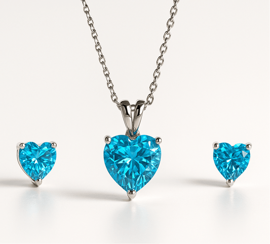 Hypoallergenic Rhodium Plated 925 Sterling Silver Turquoise Blue CZ Heart Jewelry Set - Amtikiss Casuals