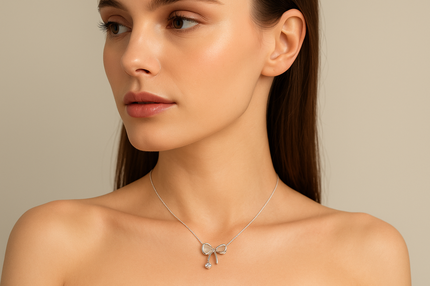Model wearing sterling silver bow necklace