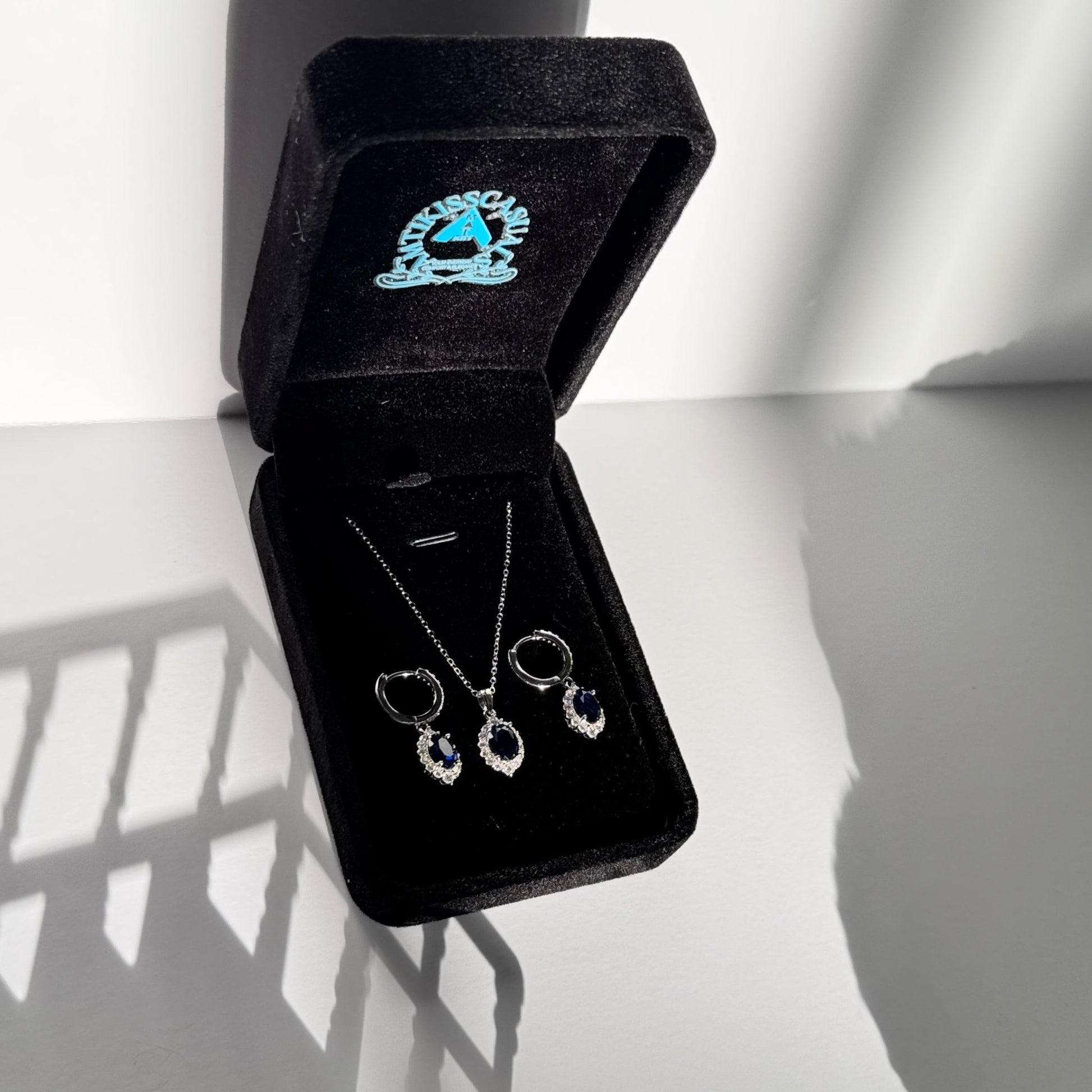 Sapphire Blue Elegance Set - 925 Sterling Silver Hoop Earrings & Pendant Necklace - Amtikiss Casuals