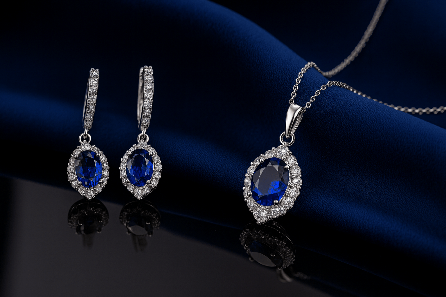 Sapphire Blue Elegance Set - 925 Sterling Silver Hoop Earrings & Pendant Necklace - Amtikiss Casuals