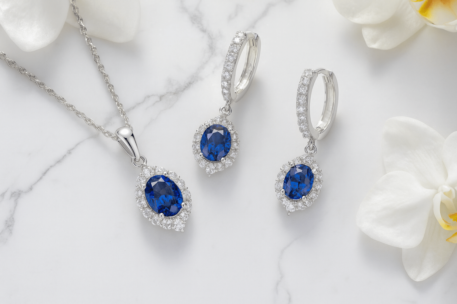 Sapphire Blue Elegance Set - 925 Sterling Silver Hoop Earrings & Pendant Necklace - Amtikiss Casuals