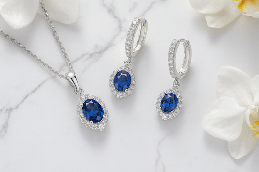 Sapphire Blue Elegance Set - 925 Sterling Silver Hoop Earrings & Pendant Necklace - Amtikiss Casuals