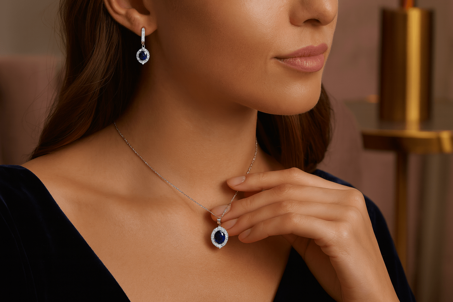 Sapphire Blue Elegance Set - 925 Sterling Silver Hoop Earrings & Pendant Necklace - Amtikiss Casuals
