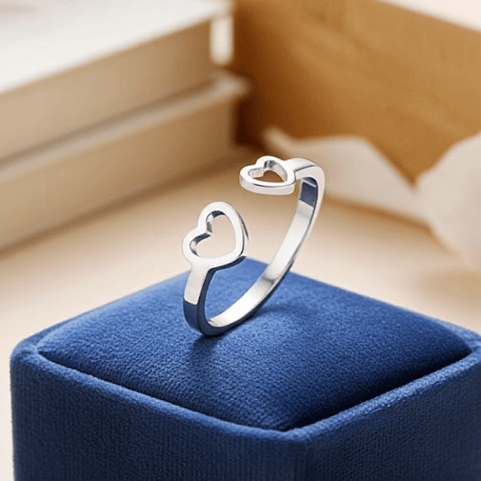 Stainless Steel Open Ring – Adjustable Two Hearts Ring for Women - Amtikiss Casuals