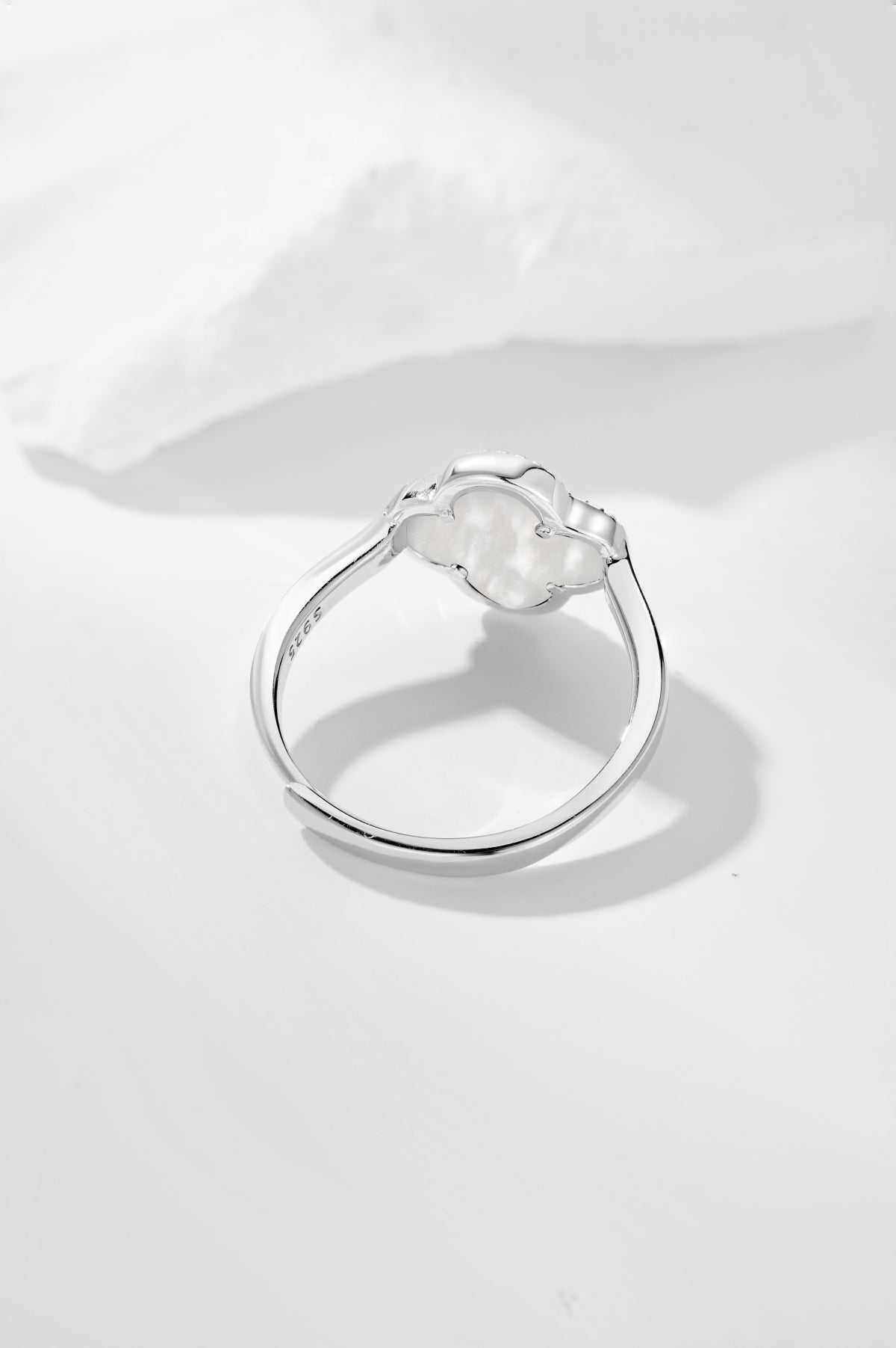 925 Sterling Silver Clover Ring with White Shell & CZ - Hypoallergenic Rhodium Plated Amtikiss Casuals