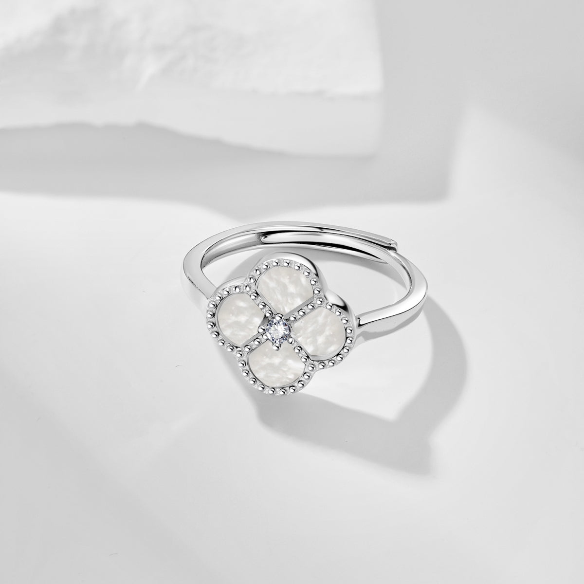 925 Sterling Silver Clover Ring with White Shell & CZ - Hypoallergenic Rhodium Plated Amtikiss Casuals
