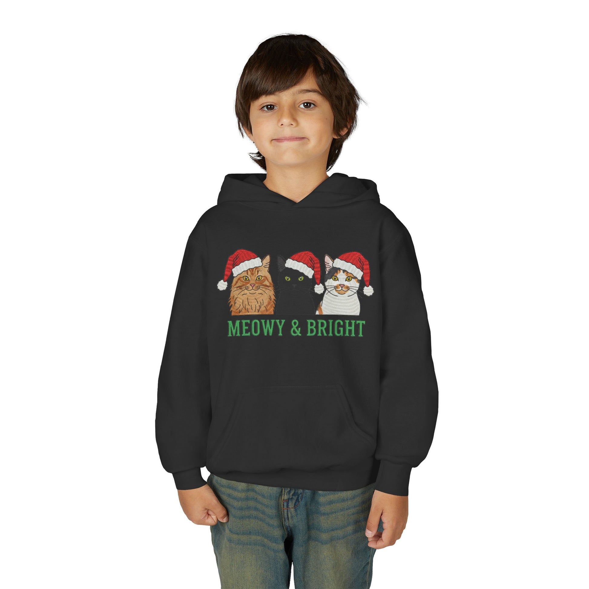 Meowy and Bright Christmas Cats Youth Hoodie | Jolly Holiday Cat Design Printify