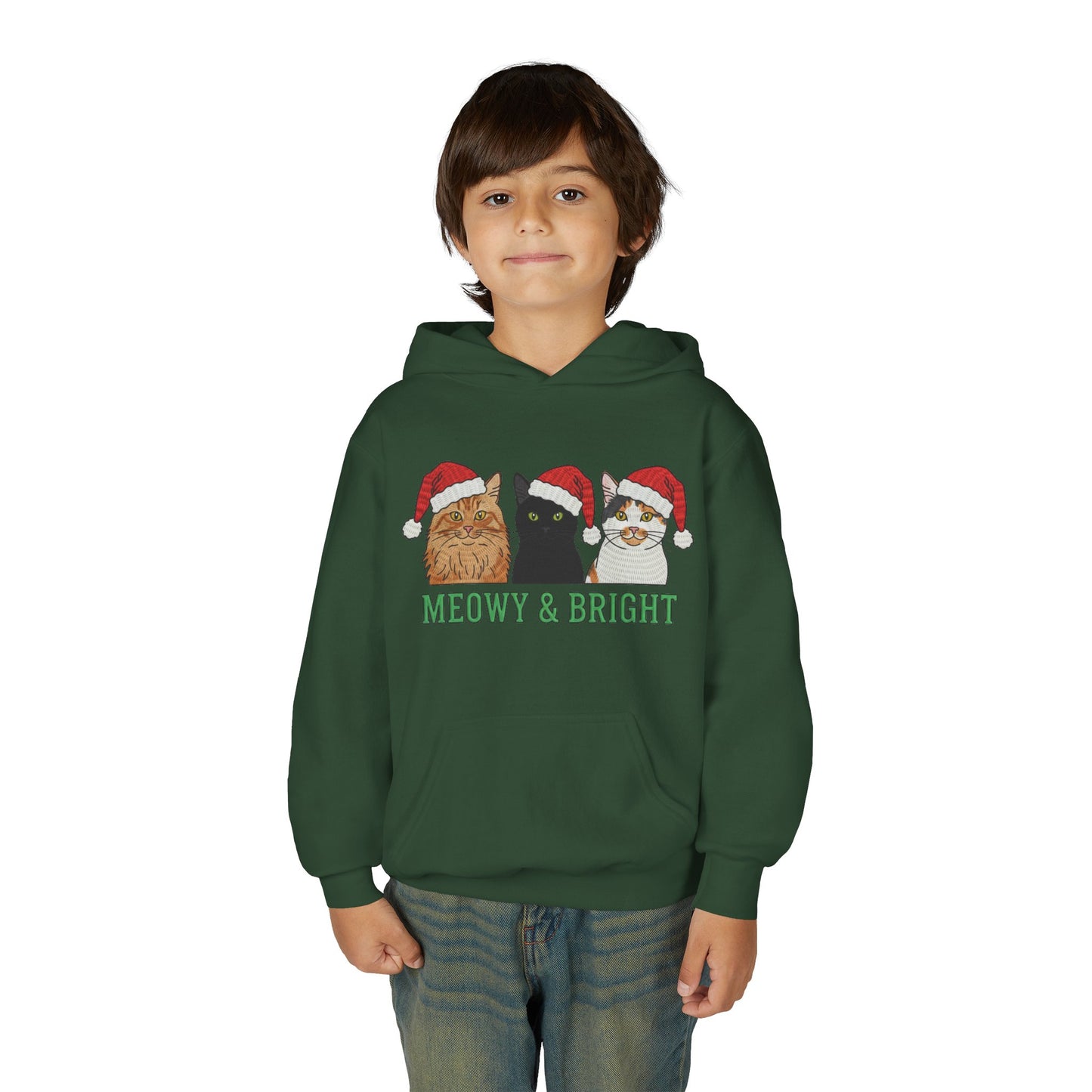 Meowy and Bright Christmas Cats Youth Hoodie | Jolly Holiday Cat Design Printify