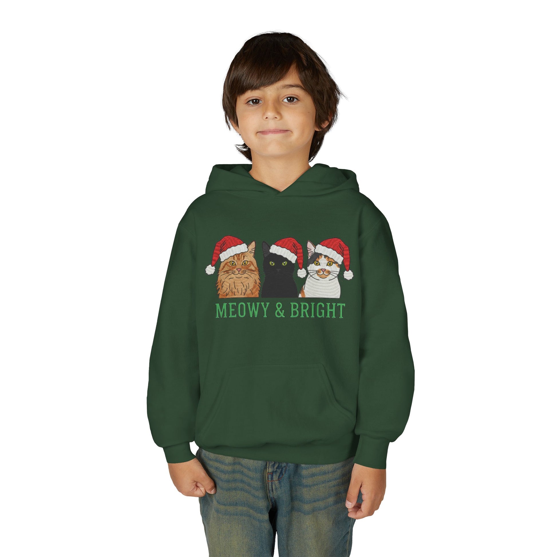 Meowy and Bright Christmas Cats Youth Hoodie | Jolly Holiday Cat Design Printify