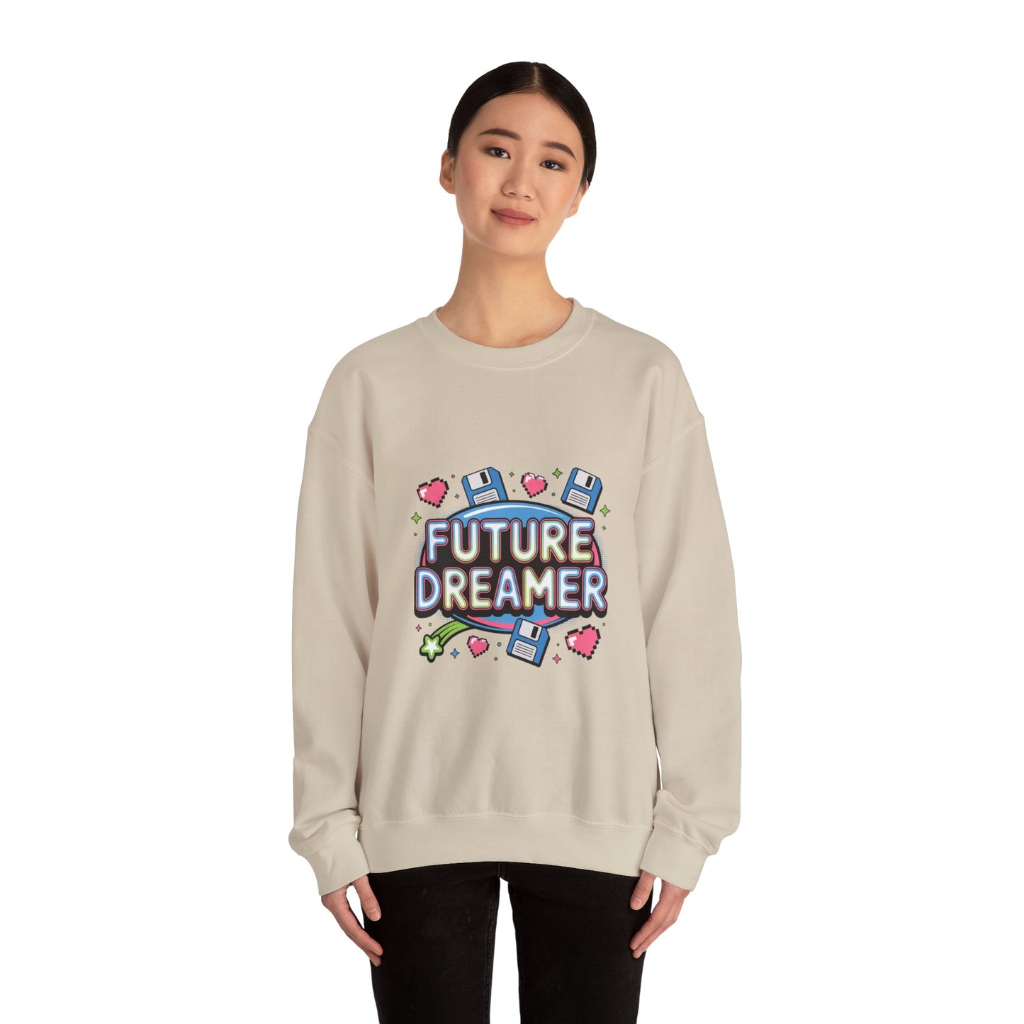 Future Dreamer Crewneck Sweatshirt | Y2K cyber holo aesthetic, retro tech print Printify