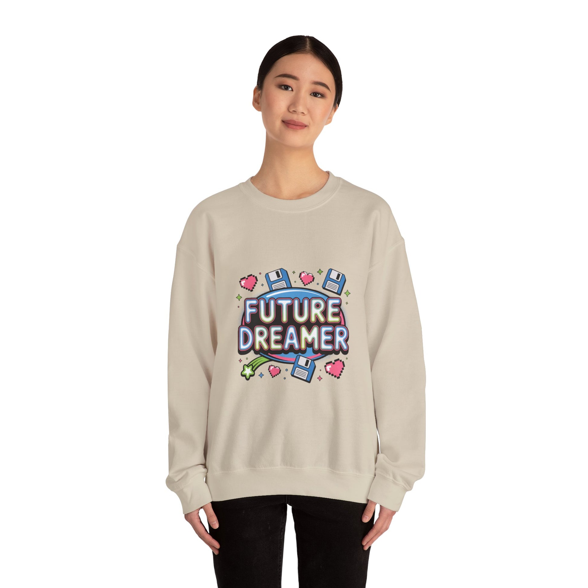 Future Dreamer Crewneck Sweatshirt | Y2K cyber holo aesthetic, retro tech print Printify