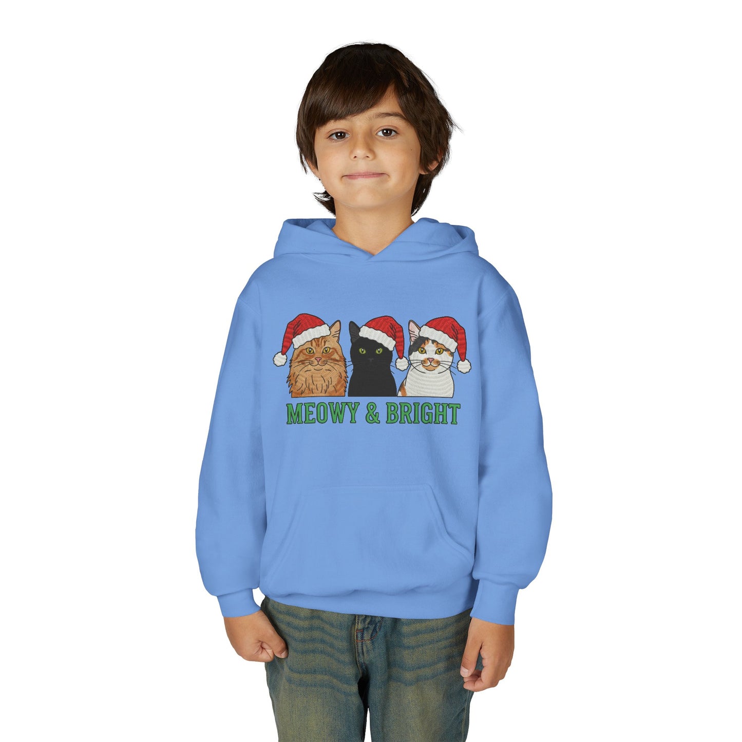 Meowy and Bright Christmas Cats Youth Hoodie | Jolly Holiday Cat Design Printify