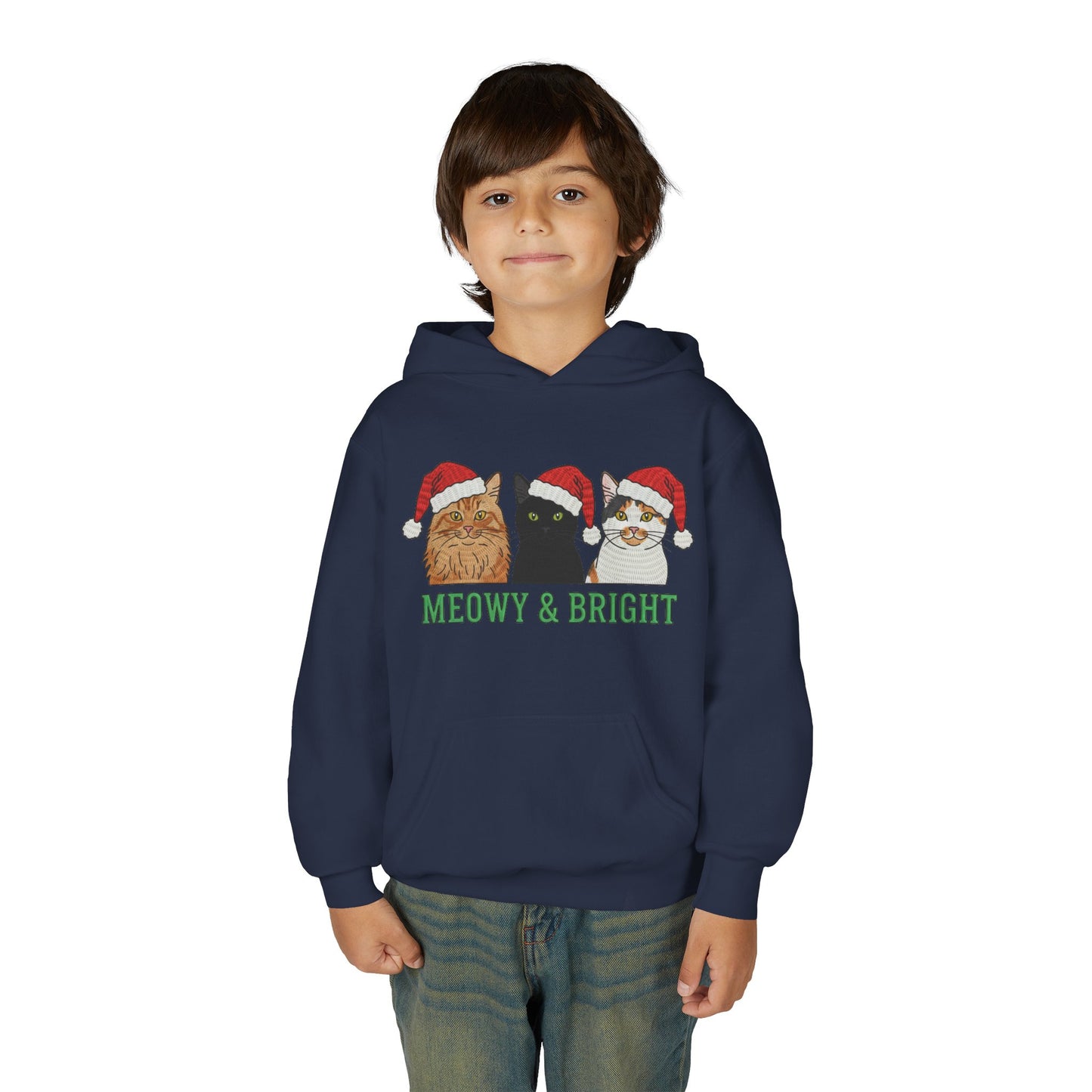 Meowy and Bright Christmas Cats Youth Hoodie | Jolly Holiday Cat Design Printify