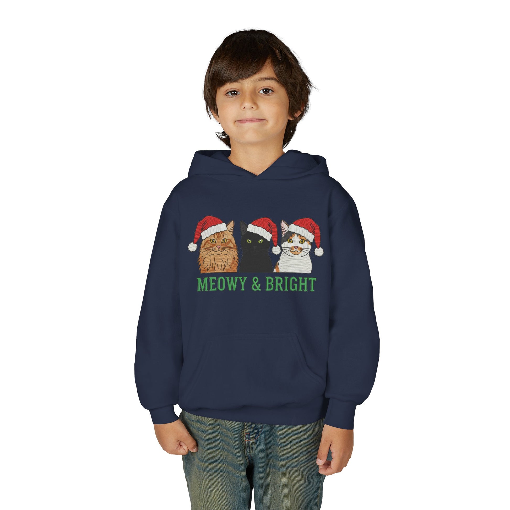 Meowy and Bright Christmas Cats Youth Hoodie | Jolly Holiday Cat Design Printify