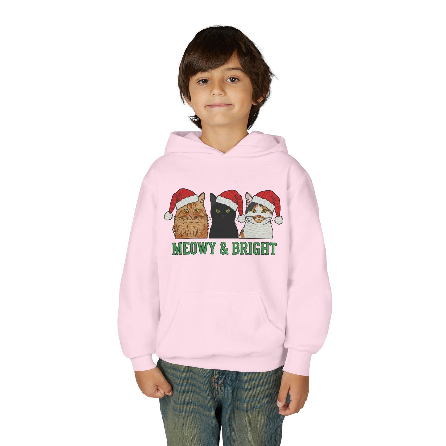 Meowy and Bright Christmas Cats Youth Hoodie | Jolly Holiday Cat Design Printify
