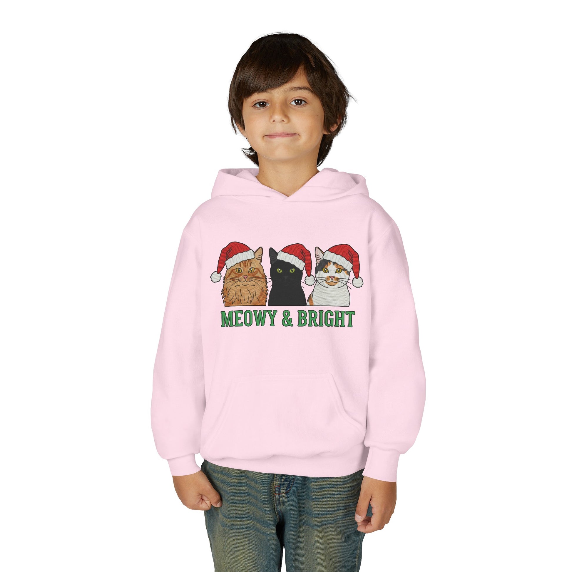 Meowy and Bright Christmas Cats Youth Hoodie | Jolly Holiday Cat Design Printify