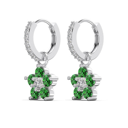 Emerald Green Flower Hoop Earrings 925 Sterling Silver Rhodium Plated CZ Dangle Huggie Hoops Amtikiss Casuals