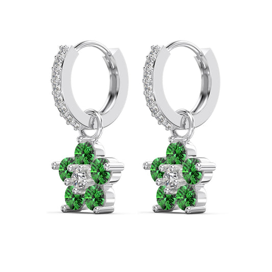 Emerald Green Flower Hoop Earrings 925 Sterling Silver Rhodium Plated CZ Dangle Huggie Hoops Amtikiss Casuals