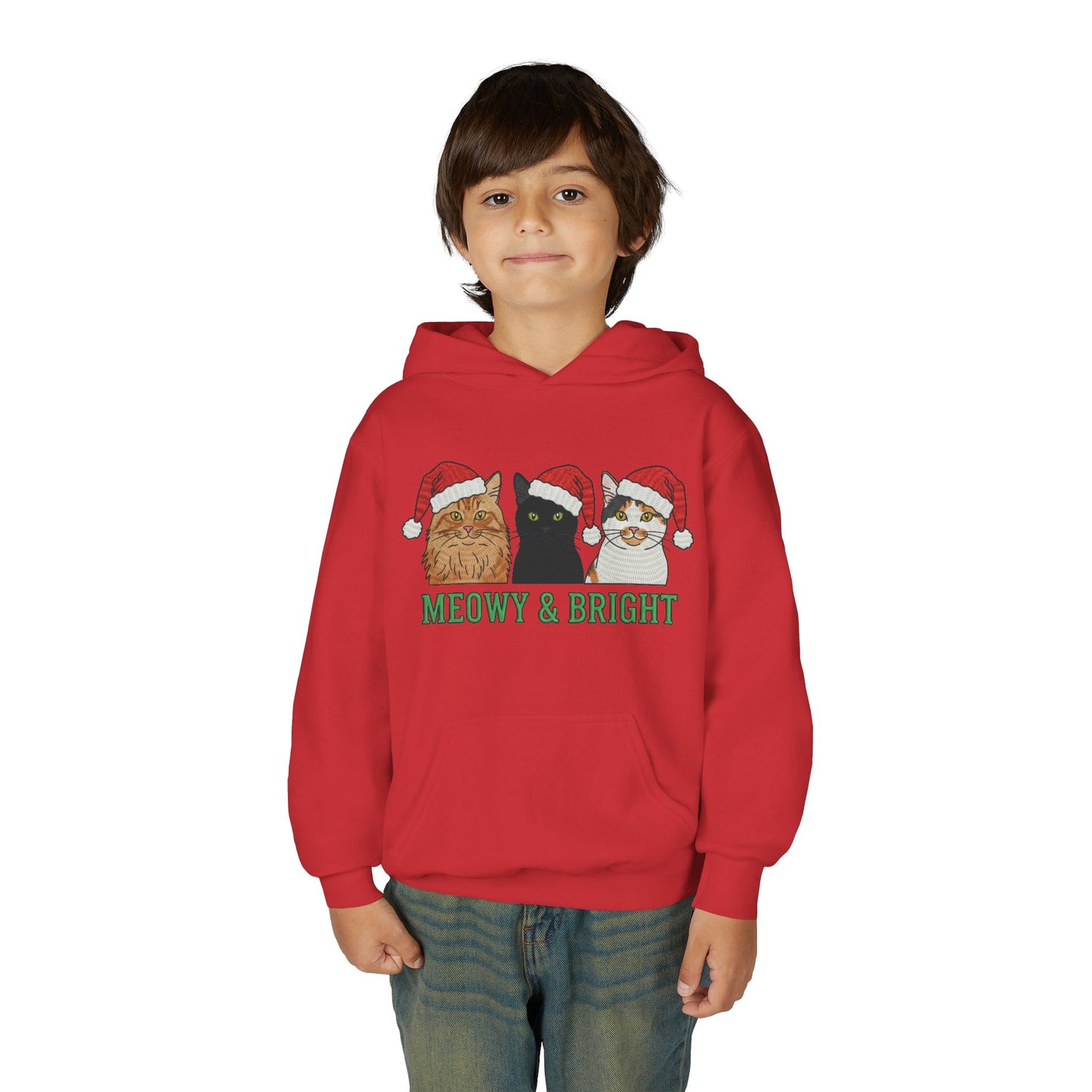 Meowy and Bright Christmas Cats Youth Hoodie | Jolly Holiday Cat Design Printify
