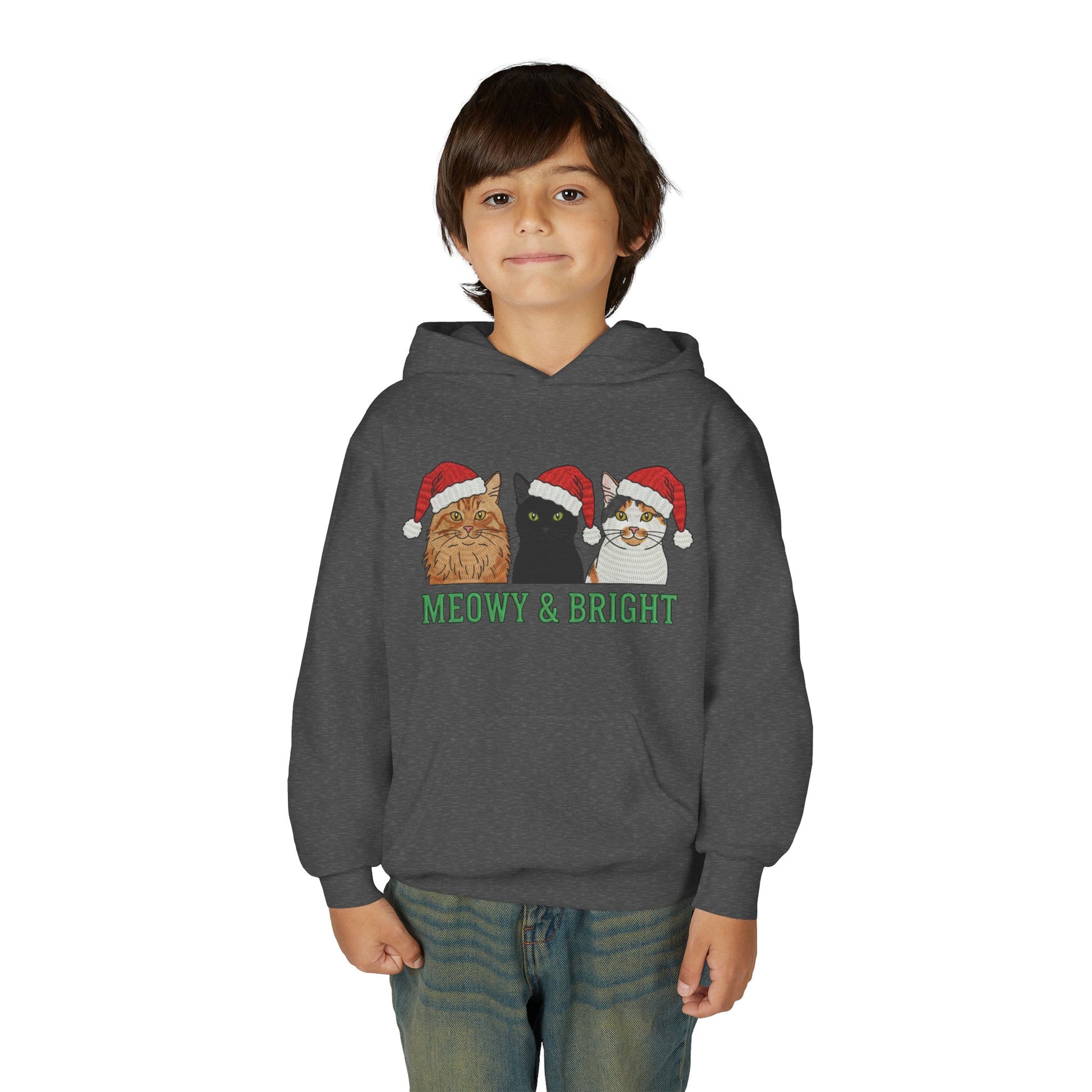 Meowy and Bright Christmas Cats Youth Hoodie | Jolly Holiday Cat Design Printify