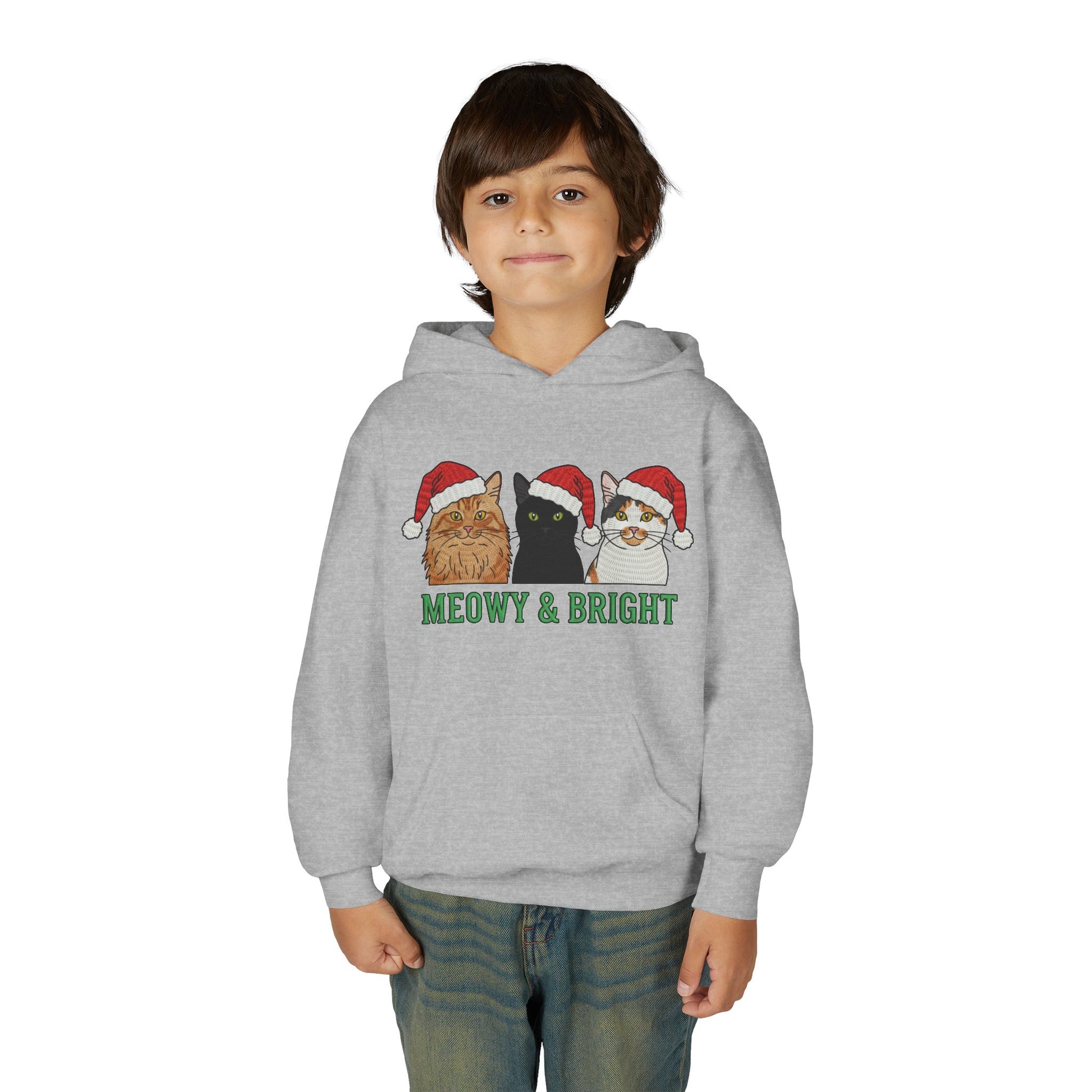 Meowy and Bright Christmas Cats Youth Hoodie | Jolly Holiday Cat Design Printify