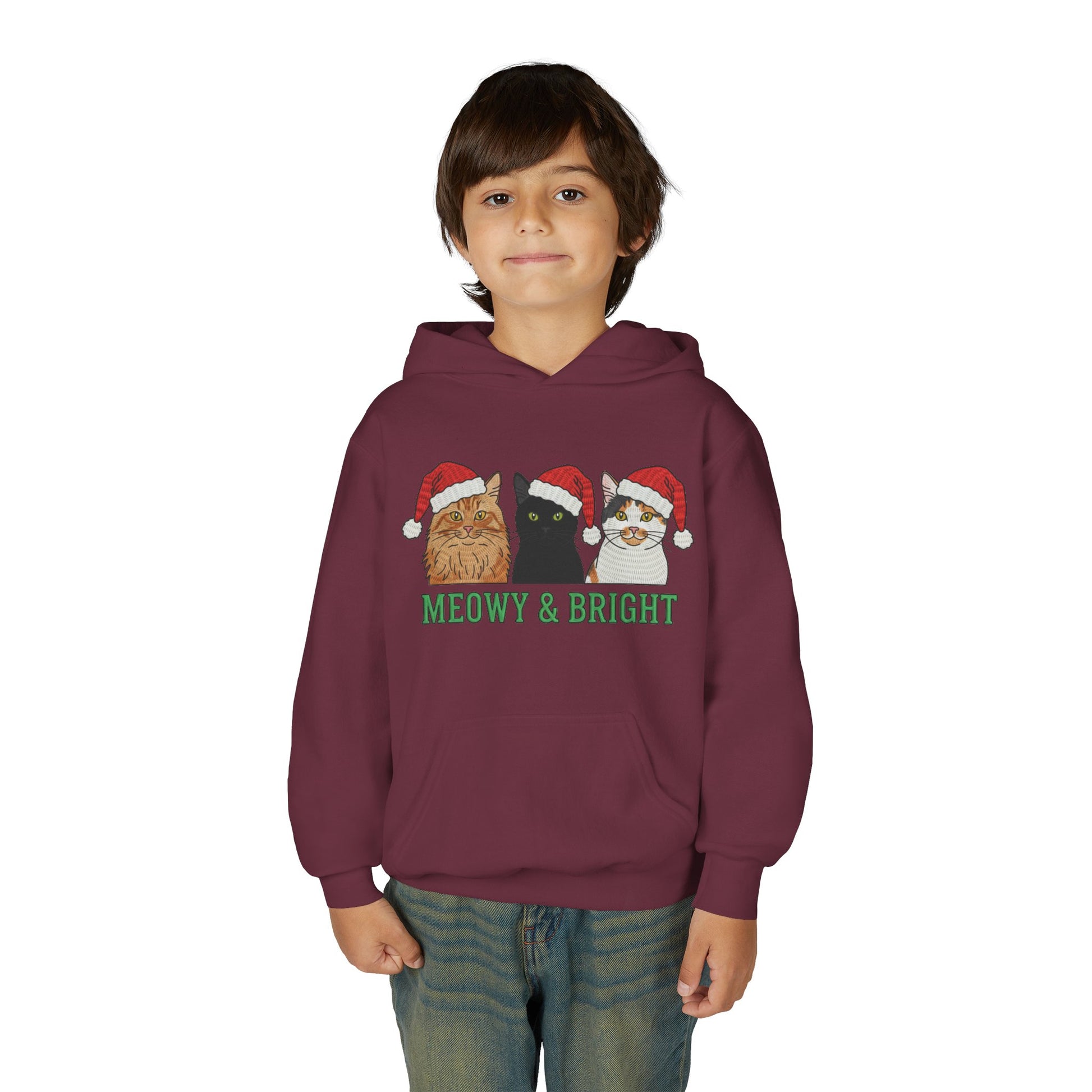 Meowy and Bright Christmas Cats Youth Hoodie | Jolly Holiday Cat Design Printify