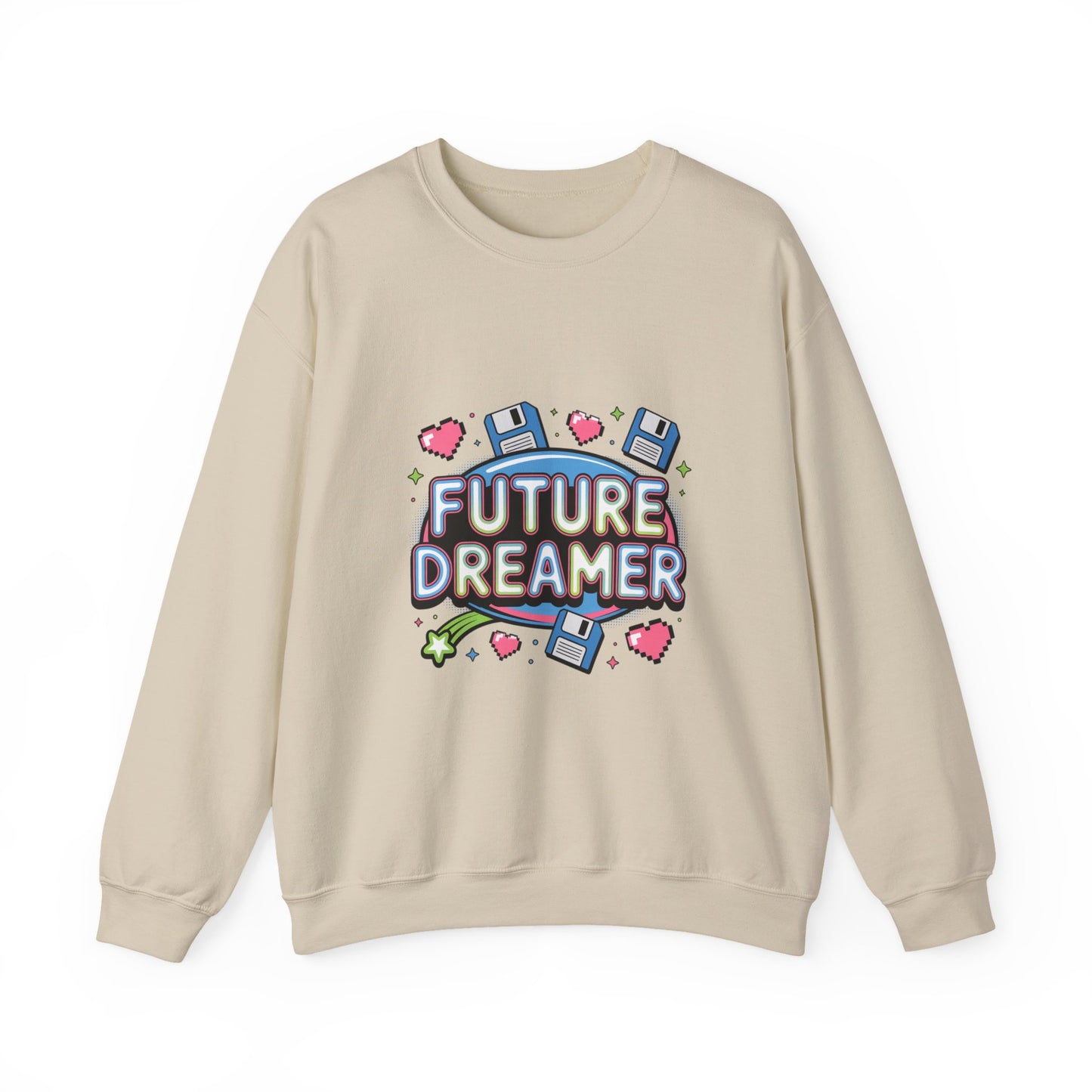 Future Dreamer Crewneck Sweatshirt | Y2K cyber holo aesthetic, retro tech print Printify
