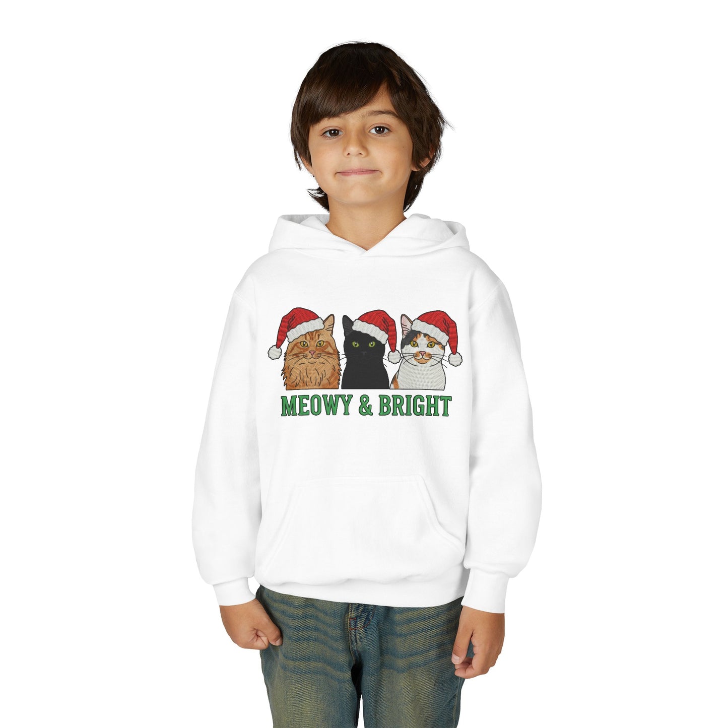 Meowy and Bright Christmas Cats Youth Hoodie | Jolly Holiday Cat Design Printify